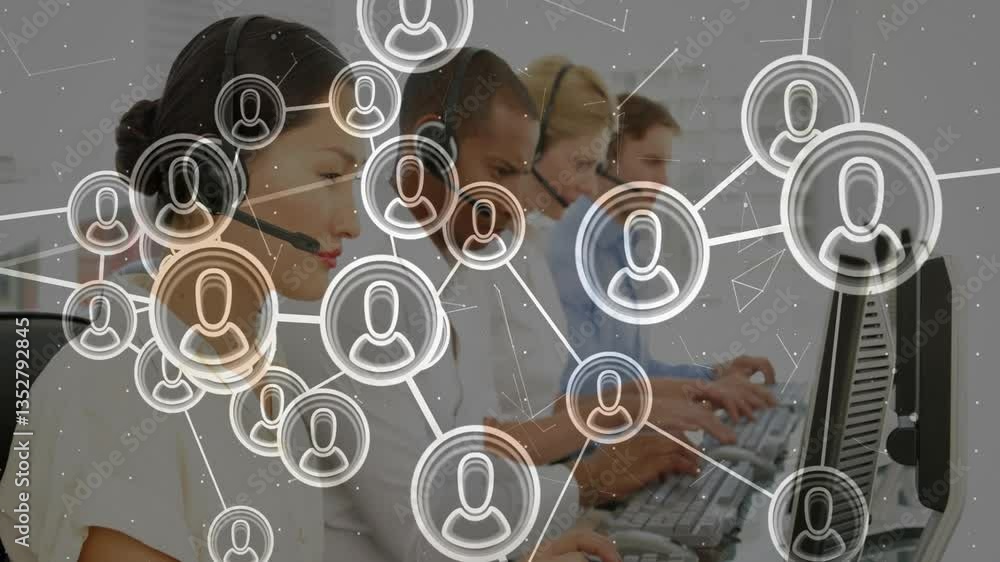 Poster in office, customer service team working at computers with network overlay animation