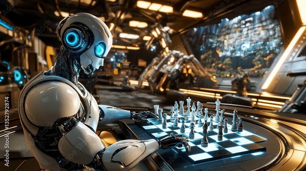 Poster futuristic robot playing chess in a high-tech space station