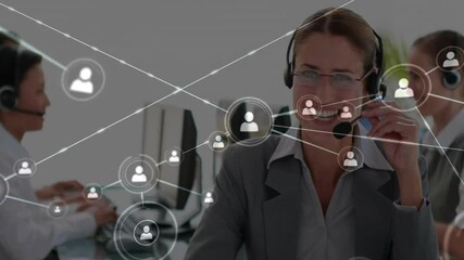 Working in office, customer service team handling network connections overlay animation - Powered by Adobe