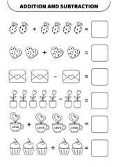 Black and white game with cute elements. Addition and subtraction. Solve the problem. Educational preschool game for kids. Isolated vector illustration eps 10
