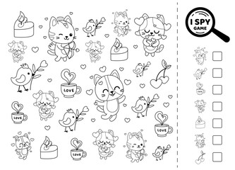 Black and white I spy game for kids with cats in love. Search and count how many. Math game. Vector