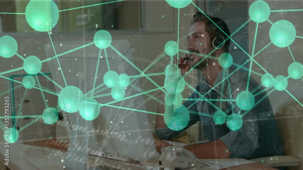 Poster man with headset working at computer over network connections animation