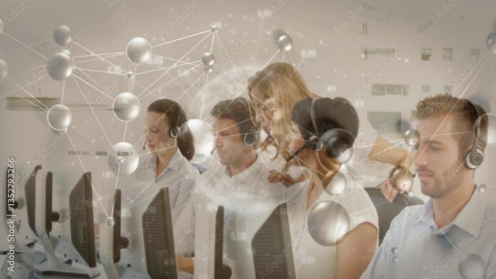 Poster in office, customer service team working on computers with digital animation overlay