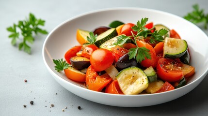 A beautifully presented ratatouille with vibrant colors fresh vegetables herbs and an artistic arrangement on a rustic wooden table setting