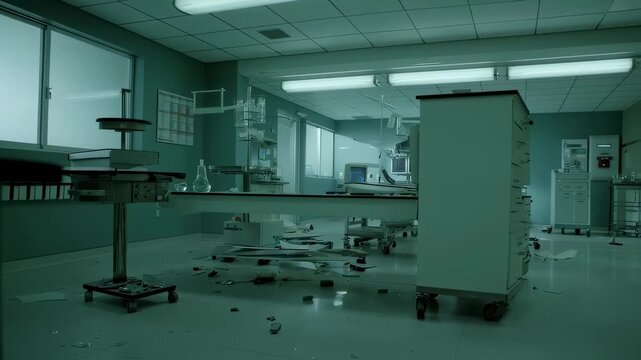 Deserted hospital shows first wave of infection as zombie menace overwhelms wards, zombie screams echo through dim corridors, zombie outbreak fueling unstoppable stock demand worldwide.