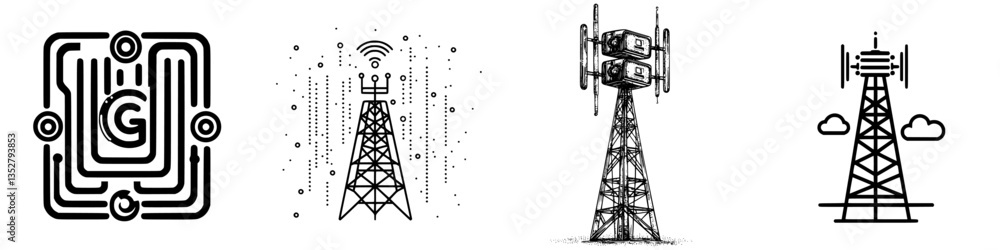 Aufkleber various designs of communication towers showcasing modern technology and their interactions with sig