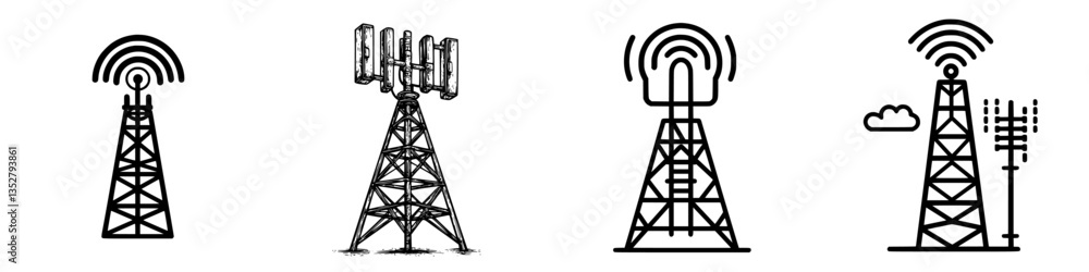 Aufkleber various designs of communication towers illustrating different structures and technologies used for 