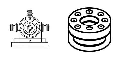 Detailed illustration of mechanical components showcasing a valve and a coupling in line art style