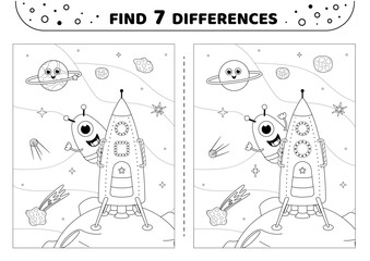 Find 7 differences. Black and white. Funny alien on rocket in space. Game for kids. Isolated vector illustration eps 10