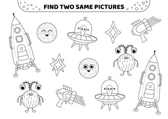 Find two same pictures. Aliens in space. Black and white. Game for children. Educational game for kids. Spot two identical pictures. Isolated vector illustration eps

