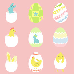 Colorful Easter eggs set decorated with chicken, bunny, leaves and flowers