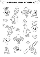 Find two same pictures. Flying saucer, satellite, ufo. Black and white. Game for children. Educational game for kids. Spot two identical pictures. Isolated vector illustration eps
