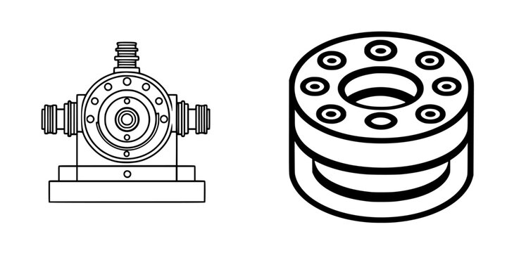 Detailed illustration of mechanical components showcasing a valve and a coupling in line art style