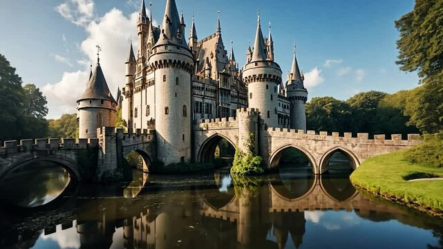 Picturesque medieval castle reflecting in a calm moat under a blue sky
