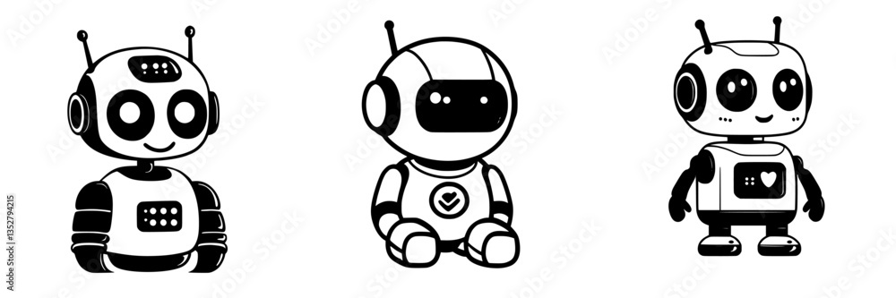 Poster cute cartoon robots with friendly expressions and various designs stand together for a showcase of c