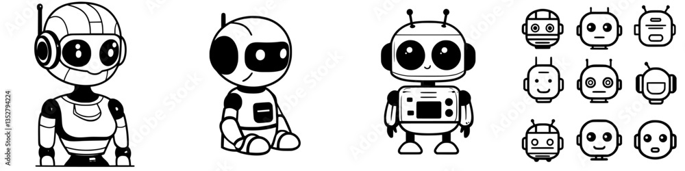 Poster diverse collection of playful robot illustrations showcasing unique designs and features in a fun, c