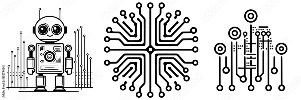 Poster creative illustration showcasing a cartoon robot surrounded by circuit patterns and abstract technol
