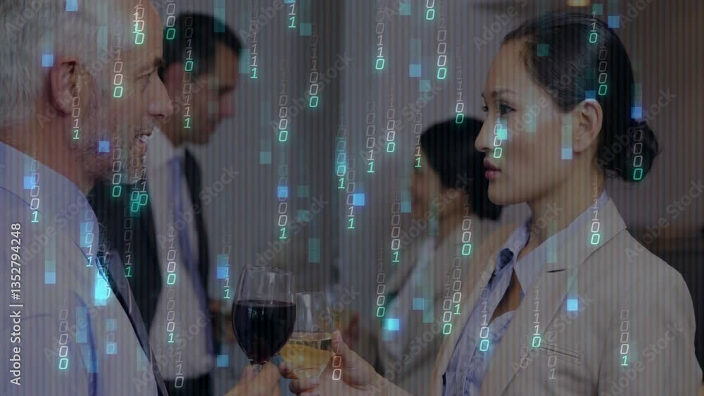 Poster business professionals discussing with binary code overlay in office setting