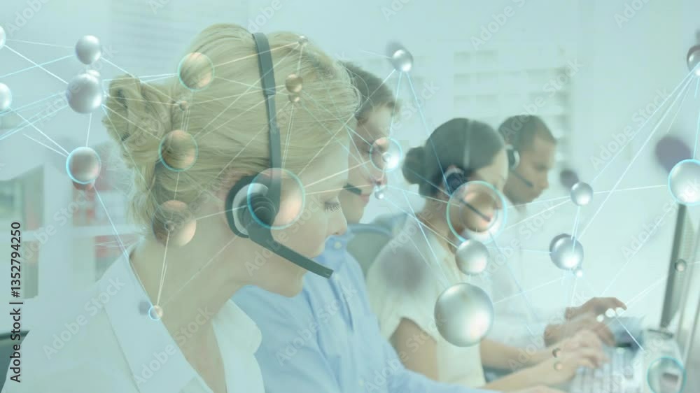 Poster customer service team working with animated network connections overlay in office