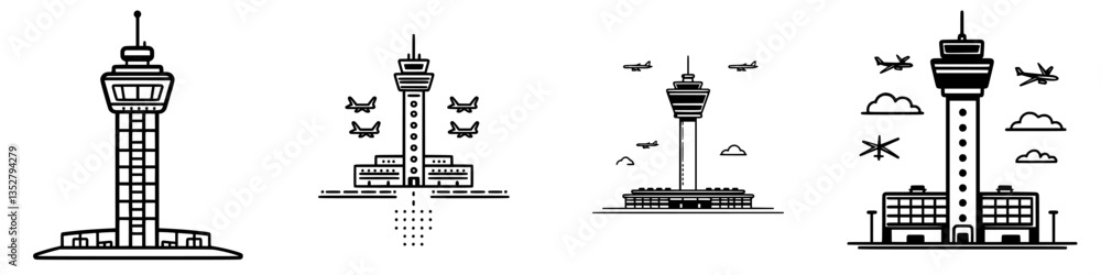 Aufkleber design of various airport control towers in line art style showcasing different angles and planes in