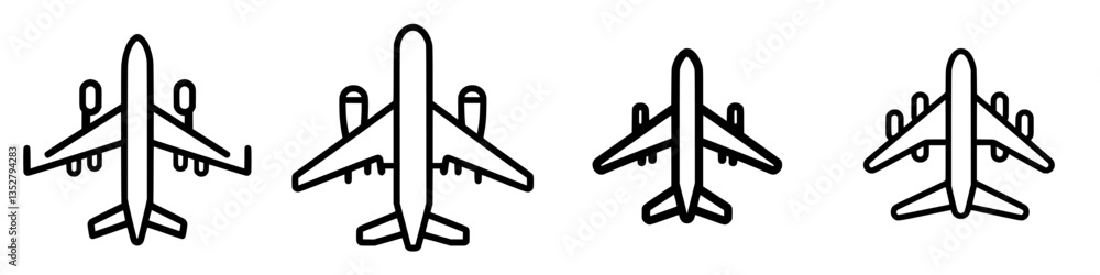 Poster sketches of airplanes in various positions highlighting design features and perspectives in a simple