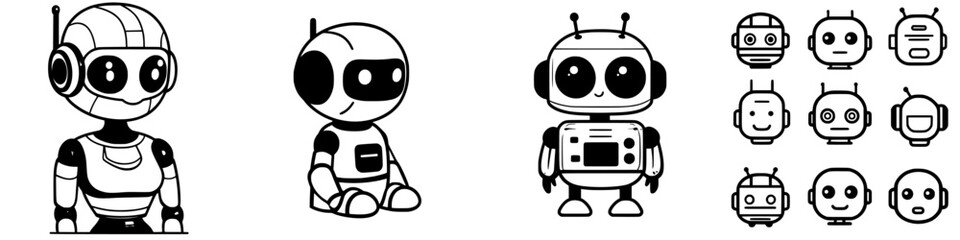 Diverse collection of playful robot illustrations showcasing unique designs and features in a fun, creative style
