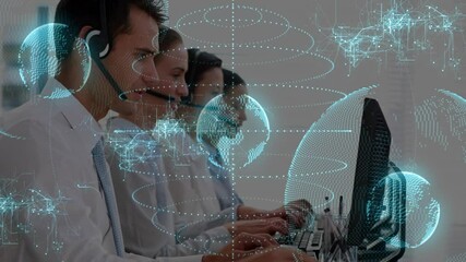 Working at computers, customer service team with animation of digital globe overlay - Powered by Adobe