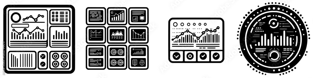 Poster visual data analytics dashboards showcasing various charts, graphs, and metrics in a unified design 