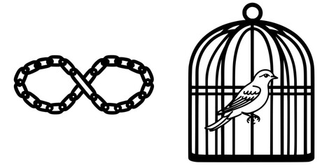 Symbolic representation of freedom and confinement using chains and a birdcage in a minimalist design