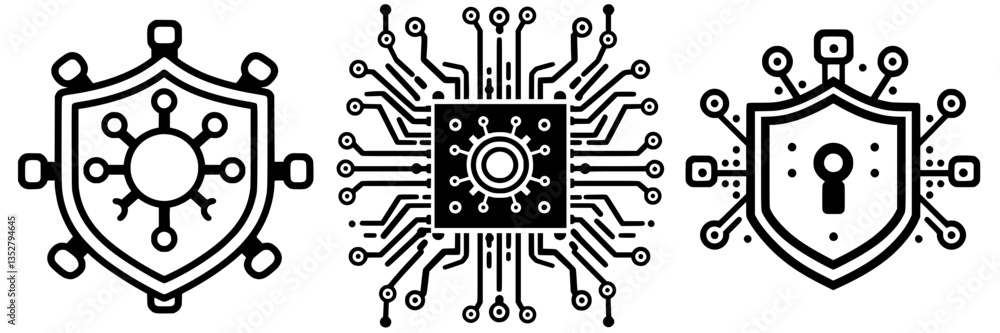 Poster illustrations of security shields representing cybersecurity with circuit patterns and lock symbols