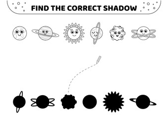 Find the correct shadow. Planets. Black and white. Shadow matching game. Isolated vector illustration eps 10