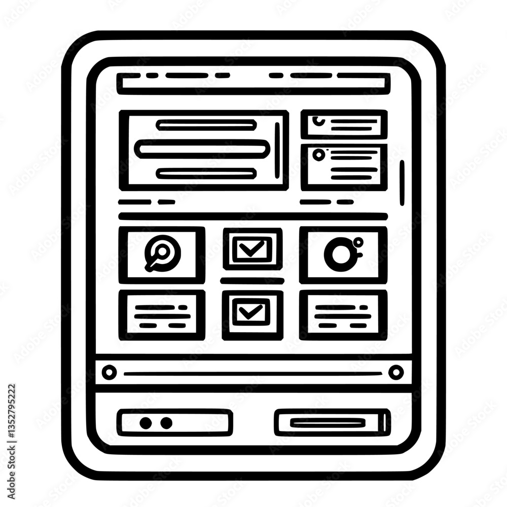 Poster digital tablet displaying various applications and communications tools in a modern setting