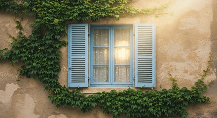 Mediterranean House Window with Ivy - A sunlit window with blue shutters, covered in lush ivy, evokes serenity, warmth, and the charm of Mediterranean architecture. It symbolizes peace, growth
