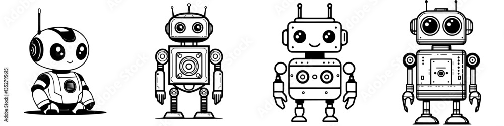 Poster four cute cartoon robots with different designs and expressions in black and white on a simple backg
