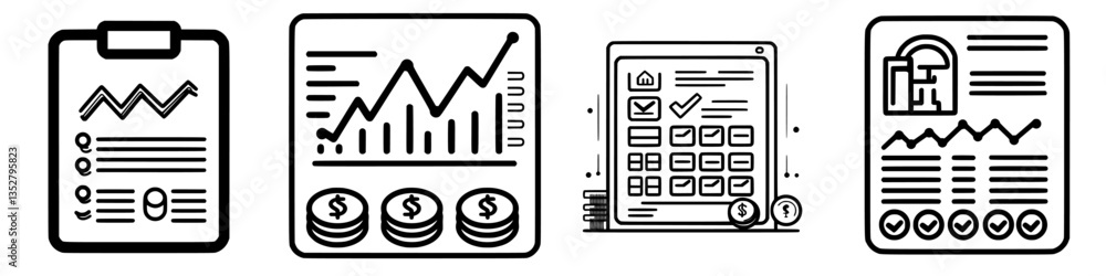 Poster graphs and charts displaying financial data and analysis reports in a digital workspace environment