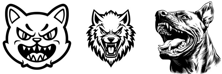 Fierce animal illustrations featuring a cat, wolf, and dog showcasing unique aggressive expressions and artistic styles