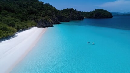 Fototapeta premium Aerial view of a pristine white sand beach meeting turquoise ocean water next to a lush green tropical forest under a clear blue sky.