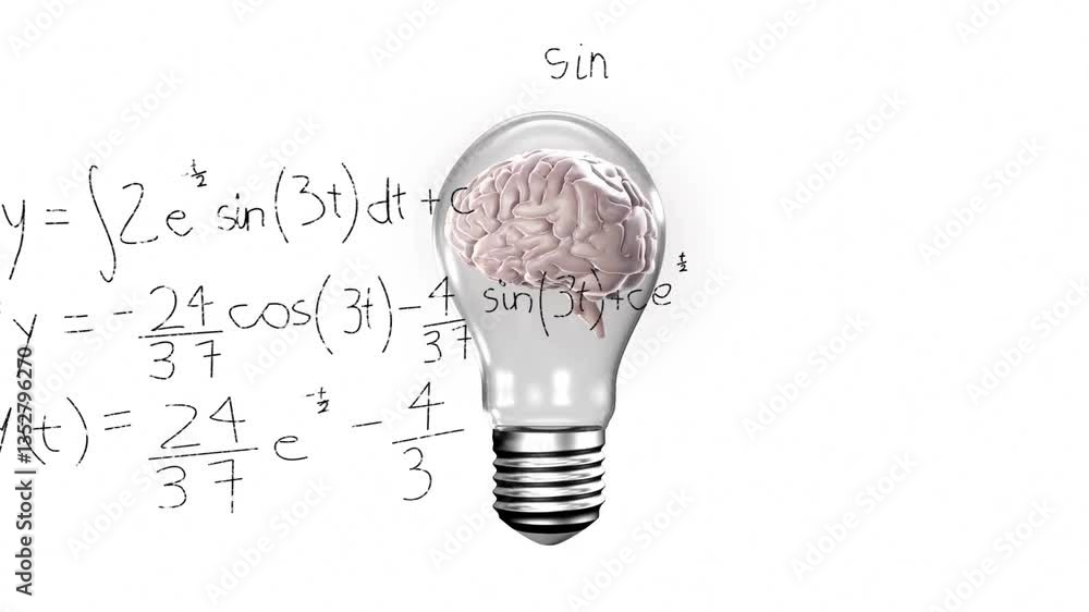Poster animation of brain inside light bulb with mathematical equations on white background
