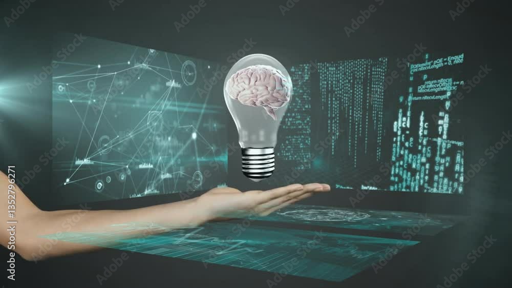 Poster holding light bulb with brain, hand showing animation of digital data network