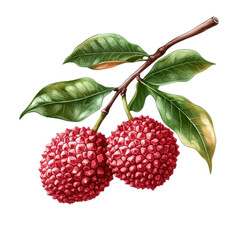Obraz premium Lychee fruits on branch with leaves isolated on Transparent background showcasing botanical details, Lychee Isolated on PNG background Old Botanical realistic, PNG background