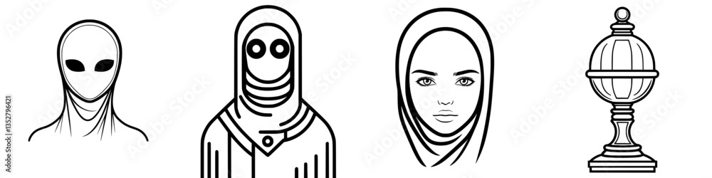 Poster diverse representations of characters featuring unique styles and elements in a minimalist design