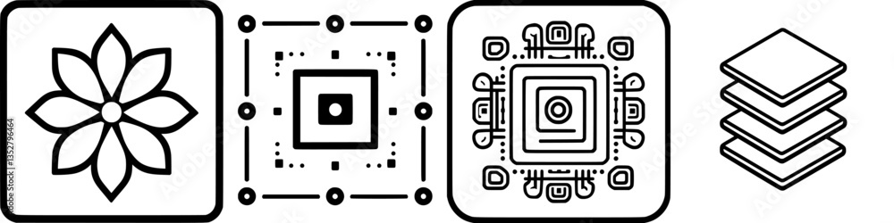 Poster unique geometric patterns and floral designs displayed in a minimalist style with black outlines on 