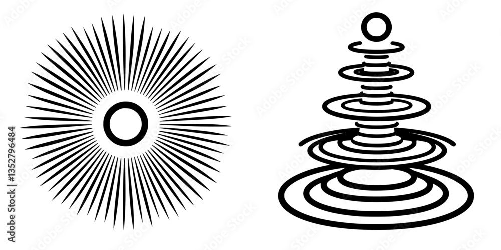 Poster geometric design featuring radiating lines and concentric circles in black and white illustrating dy
