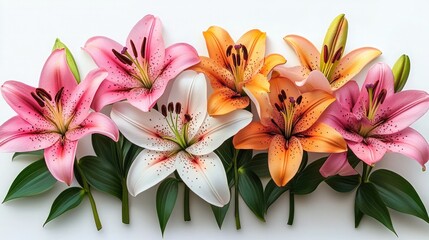 Set with beautiful lilies on white background, lilies flower set isolated white background. Watercolor botanical painting, floral design.