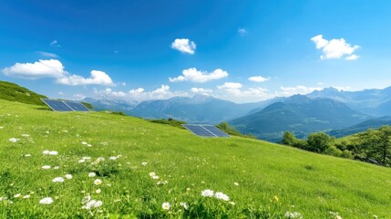 Fototapeta premium Solar panels installed on a lush green mountain meadow under a bright blue sky.