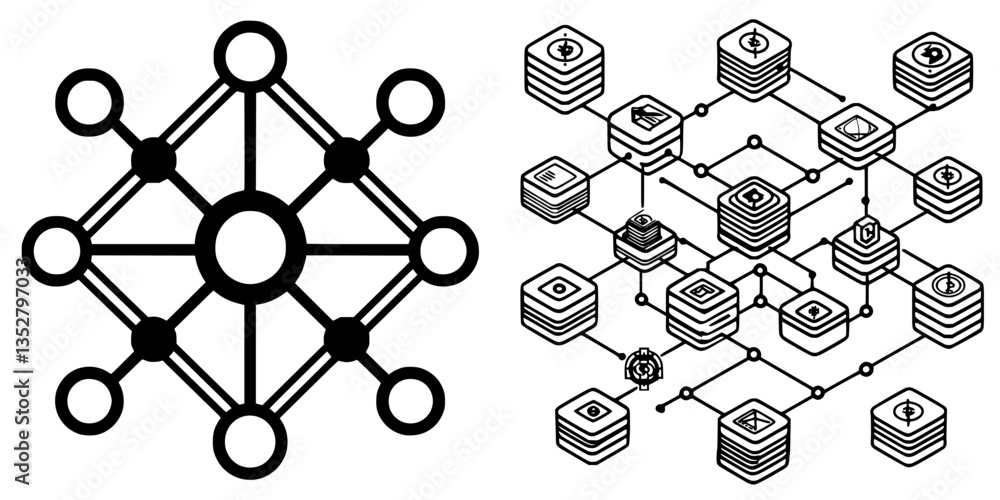 Poster network diagrams illustrating complex connections and data organization in digital systems and techn