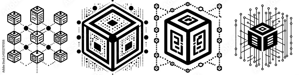 Poster geometric designs representing blockchain technology and data connectivity in a modern digital lands