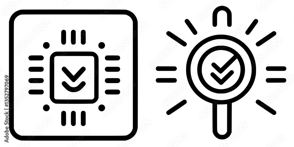 Poster verification symbols representing successful completion of tasks and processes in technology and dig