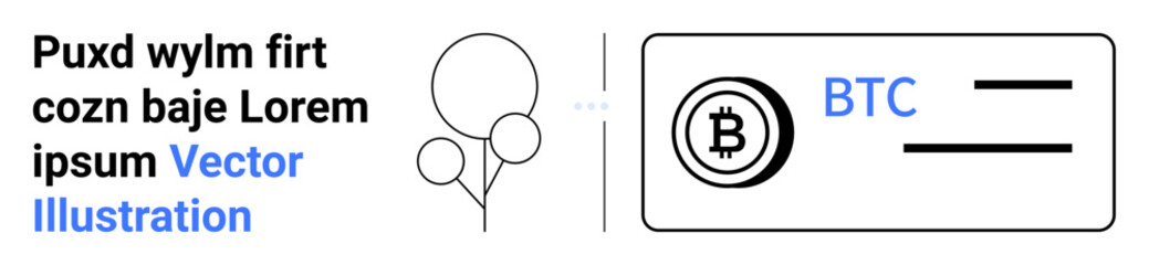 Bitcoin wallet card design with BTC logo, placeholder text, and minimalistic balloon illustration. Ideal for cryptocurrency, finance, innovation, e-wallet, digital payment, blockchain simple landing