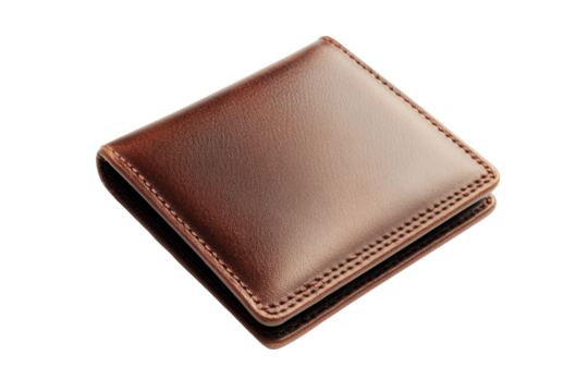 Brown leather wallet on black background with detailed stitching, cut out